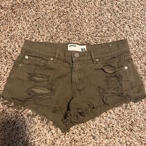 Garage Olive Green Distressed Denim Shorts‎ | Size 01 | Ripped Raw Hem